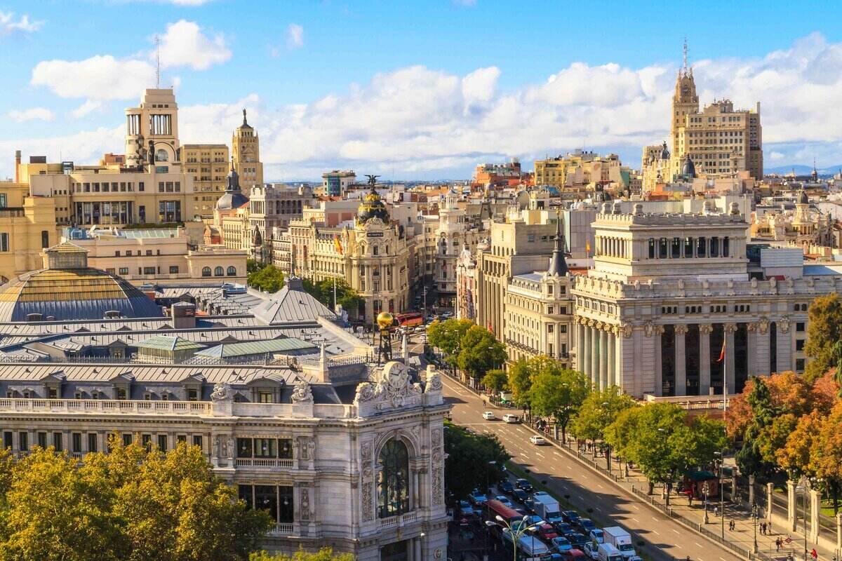 Madrid cityscape and aerial view of of Gran Via shopping street, Spain